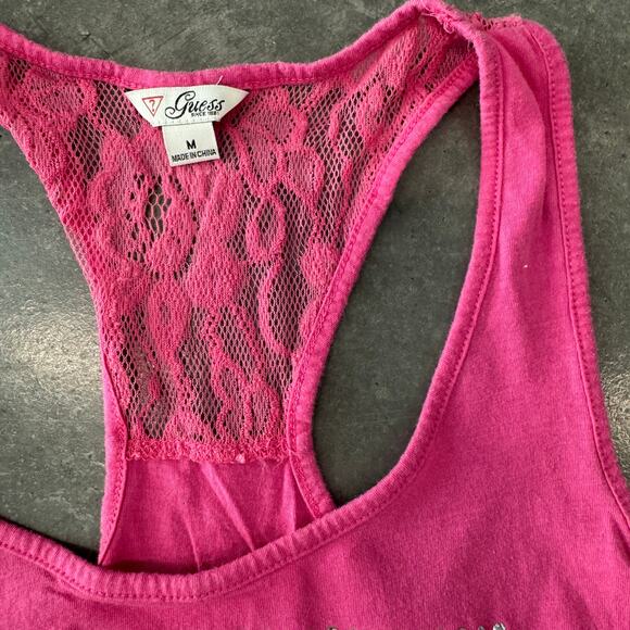 Vintage Y2K Pink Guess Mcbling Lace Racer Back Rhinestone Tank Top Medium - Picture 4 of 6